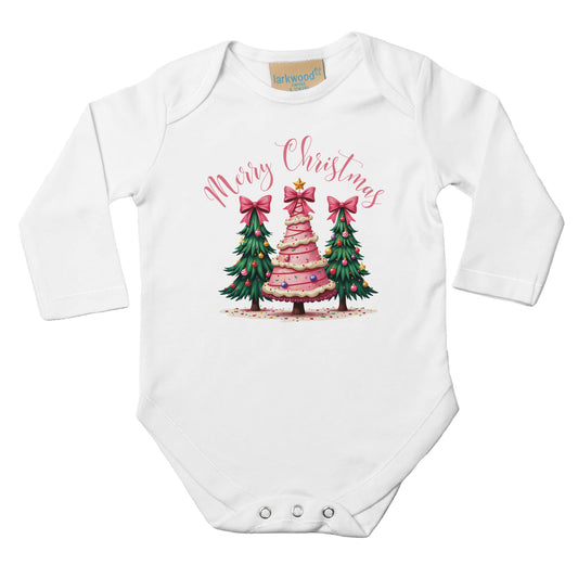 Baby Langarm Body für Weihnachten mit Mädchen Aufdruck - Merry Christmas mit Christbäume - 100% Baumwolle - Größe bis 18 Monate bzw. 86 - Strampler Body mit Muster -