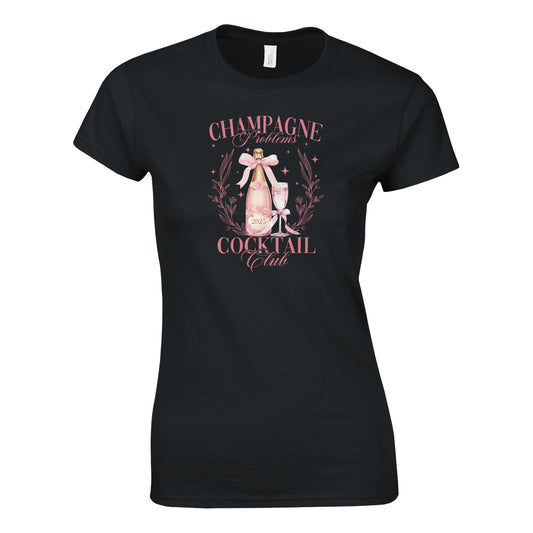 Tailliertes Damen Kurzarm T-Shirt mit Print für den Jahreswechsel – Champagne Cocktail Club – pink schwarz rosa - auch in großen Größen - Schwarz