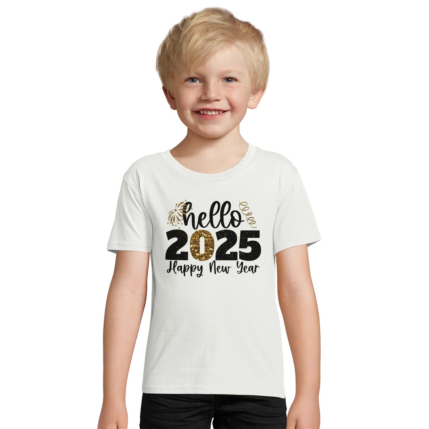 Kinder BIO Kurzarm Rundhals-T-Shirt mit Print für den Jahreswechsel bzw. Silvester - hello 2025 Happy New Year - gold schwarz weiß - körperbetonter Schnitt - Größe 86 bis 152 und mehrere Farben -