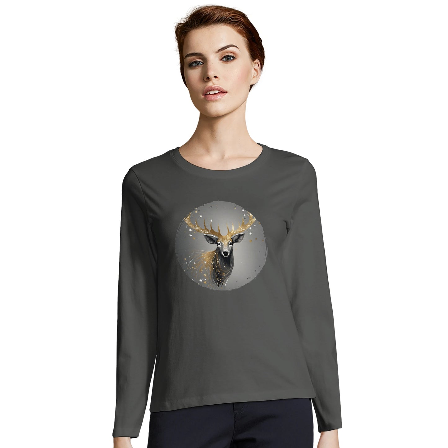 Tailliertes Damen Langarm-T-Shirt mit Hirsch als elegantem Aufdruck - grau weiß gold -