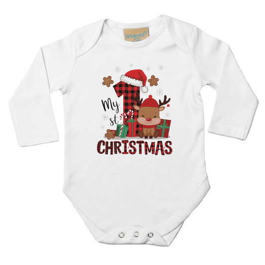 Unisex Baby Langarm Body für Weihnachten mit Aufdruck - My first Christmas mit Elch - 100% Baumwolle - Größe bis 18 Monate bzw. 86 - Strampler Body mit Muster -