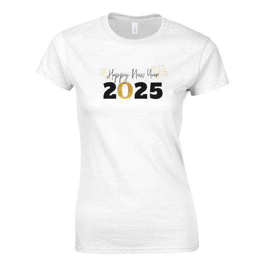 Tailliertes Damen Kurzarm T-Shirt mit Print für den Jahreswechsel – minimalistisches Happy New Year 2025 – gold schwarz weiß - auch in großen Größen -