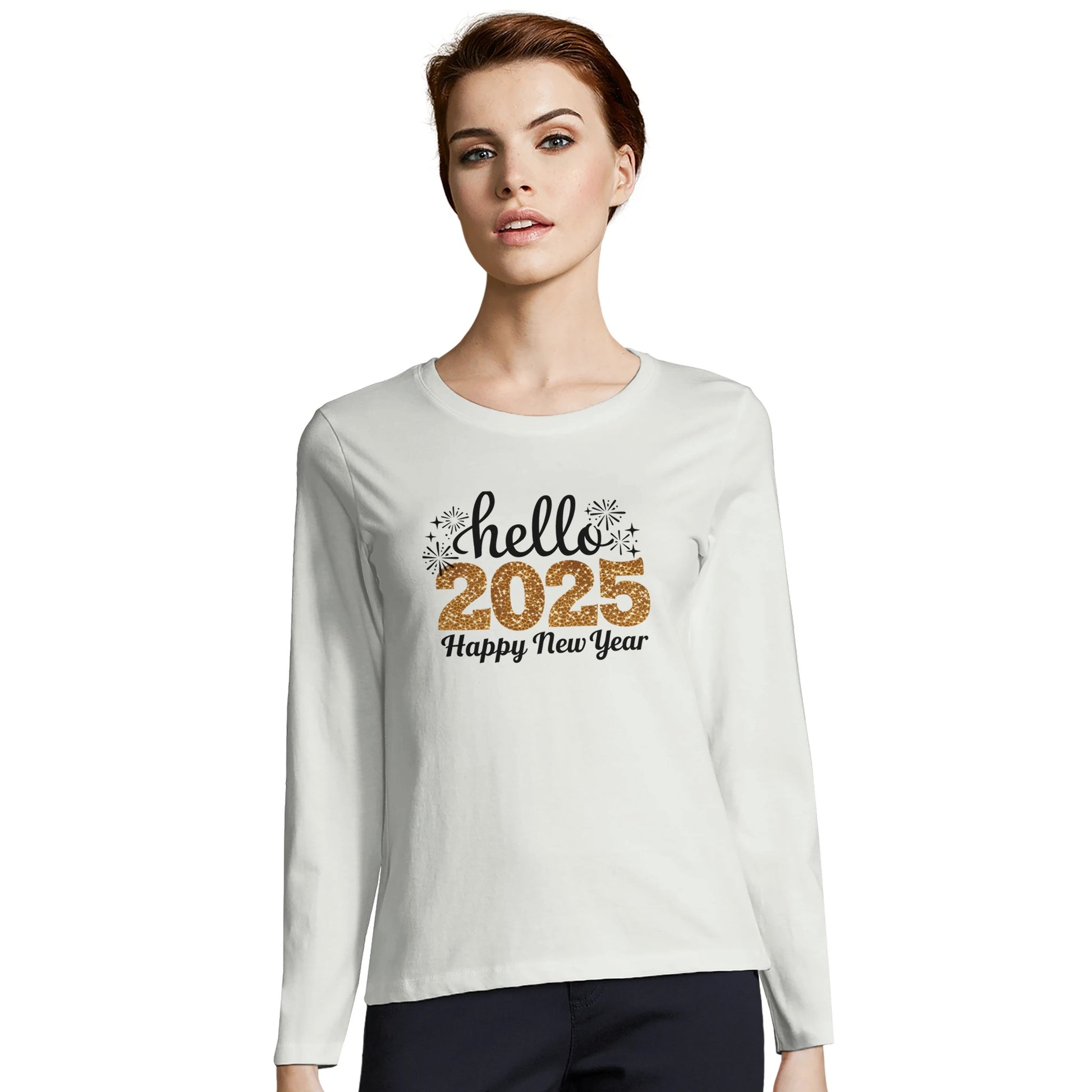 Tailliertes Damen Langarm T-Shirt mit Spruch für Jahreswechsel bzw. Silvester Print - hello 2025 Happy New Year in schwarz gold weiß - mehrere Farben und große Größen -