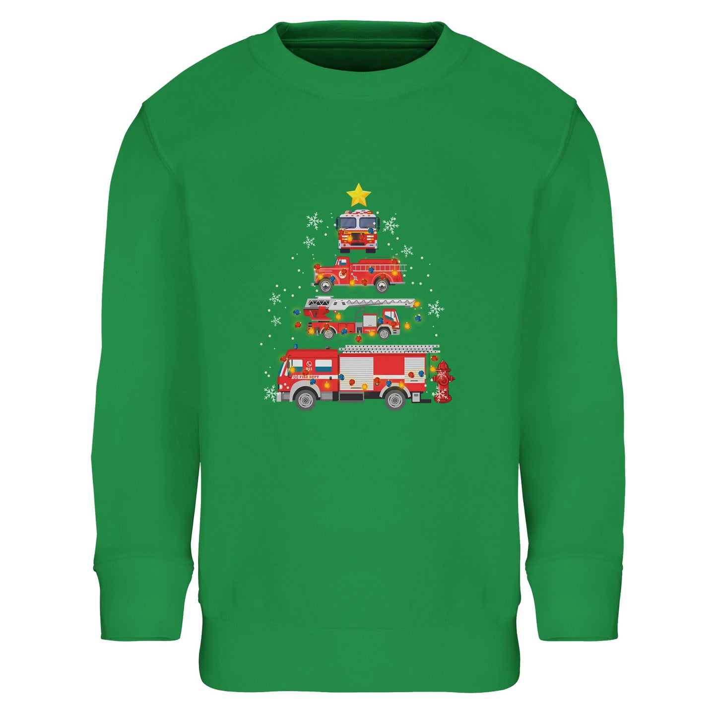 Kinder Sweatshirt mit Feuerwehr Fahrzeuge und Sterne - Jungen Aufdruck für Weihnachten und Winter - 4 bis 14 Jahre - viele verschiedene Farben - Kelly Green