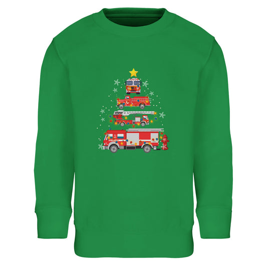 Kinder Sweatshirt mit Feuerwehr Fahrzeuge und Sterne - Jungen Aufdruck für Weihnachten und Winter - 4 bis 14 Jahre - viele verschiedene Farben - Kelly Green