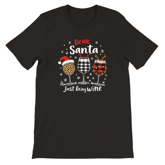 Unisex Kurzarm T-Shirt mit Print für Weihnachten und Winter - Dear Santa just bring Wine - leicht tailliert – viele Farben und große Größen für Damen und Herren -