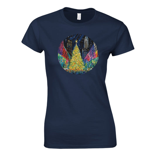 Tailliertes Damen Kurzarm T-Shirt mit buntem Christbaum Print - Weihnachten und Winter – viele Farben und große Größen - Marine