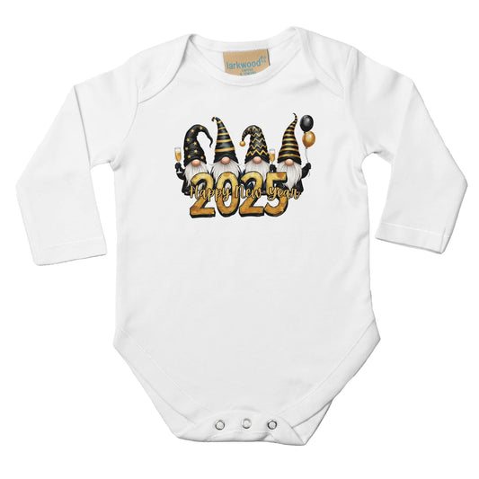 Mädchen Baby Langarm Body mit Aufdruck - 2025 Happy New Year mit Wichtel - schwarz gold weiß - 100% Baumwolle - Größe bis 18 Monate bzw. 86 - Strampler Body mit Aufdruck - Weiß