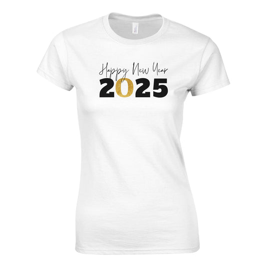 Tailliertes Damen Kurzarm T-Shirt mit Print für den Jahreswechsel – Happy New Year 2025 - in großen Größen -