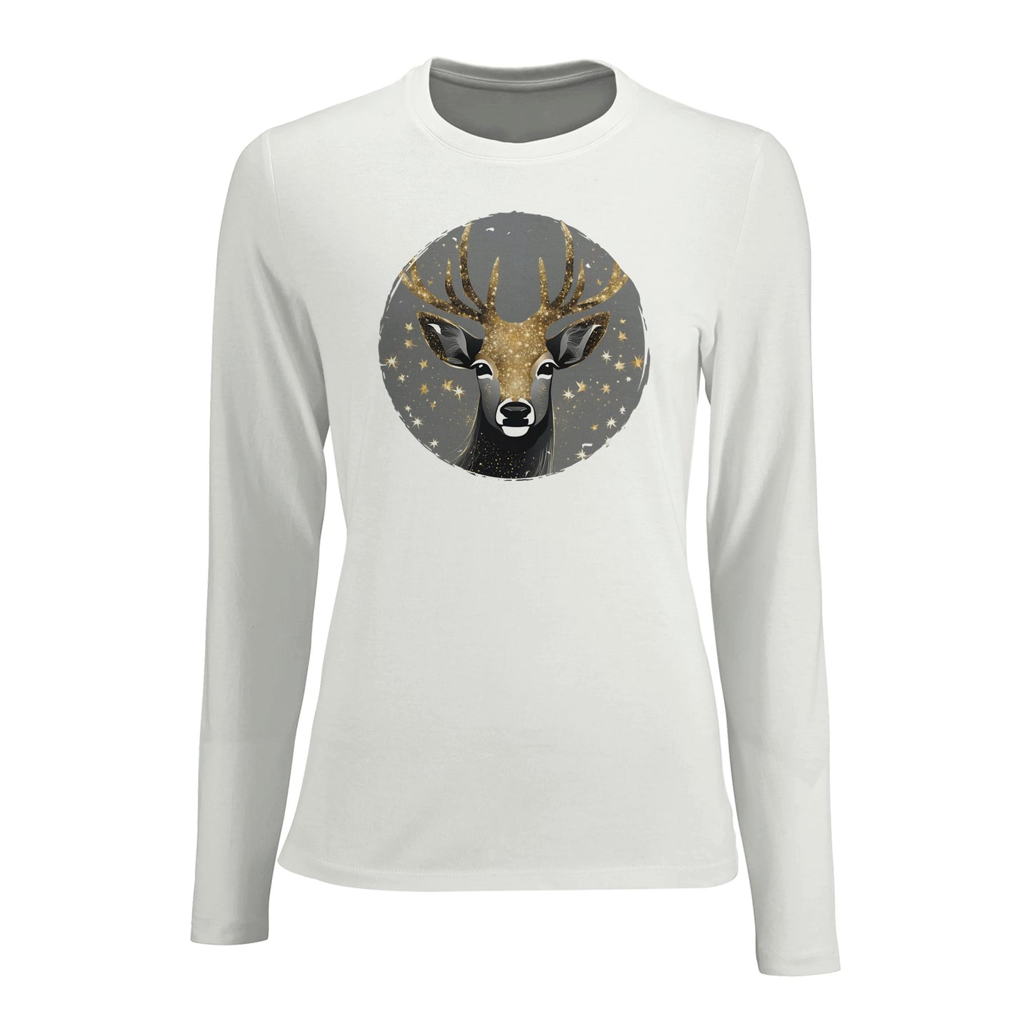 Tailliertes Damen Langarm-T-Shirt mit Hirsch als elegantem Aufdruck - grau weiß gold schwarz - Weiß