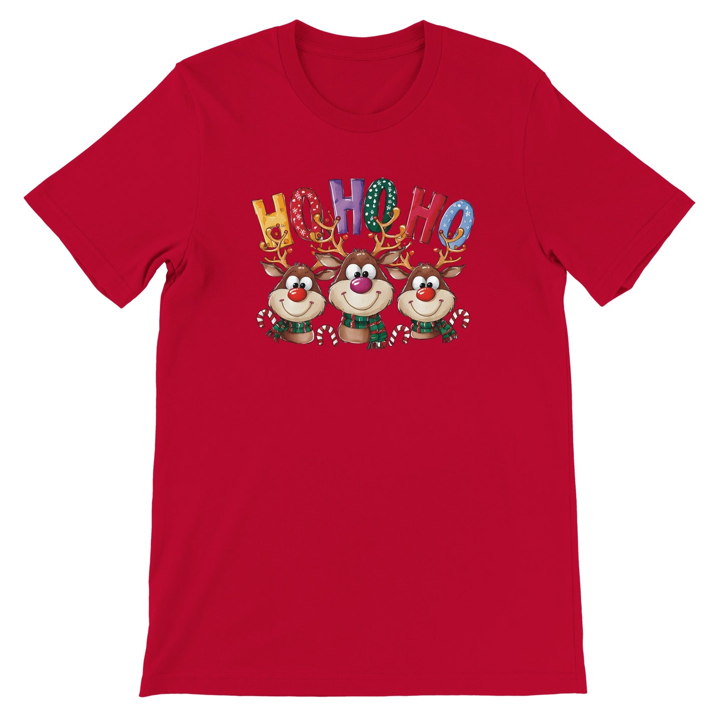 Unisex Kurzarm T-Shirt mit Ho Ho Ho Elche Spruch - Print für Weihnachten und Winter - leicht tailliert – viele Farben und große Größen für Damen - Rot