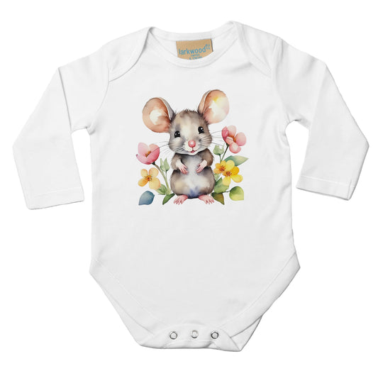 Unisex Baby Langarm Body mit Aufdruck - süße Maus mit Blumen - 100% Baumwolle - Größe bis 18 Monate bzw. 86 - Strampler Body mit Aufdruck -