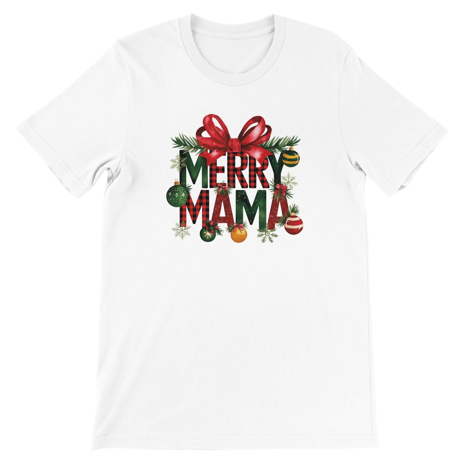 Unisex Kurzarm T-Shirt mit Merry Mama Spruch - Print für Weihnachten und Winter - leicht tailliert – viele Farben und große Größen für Damen - Weiß