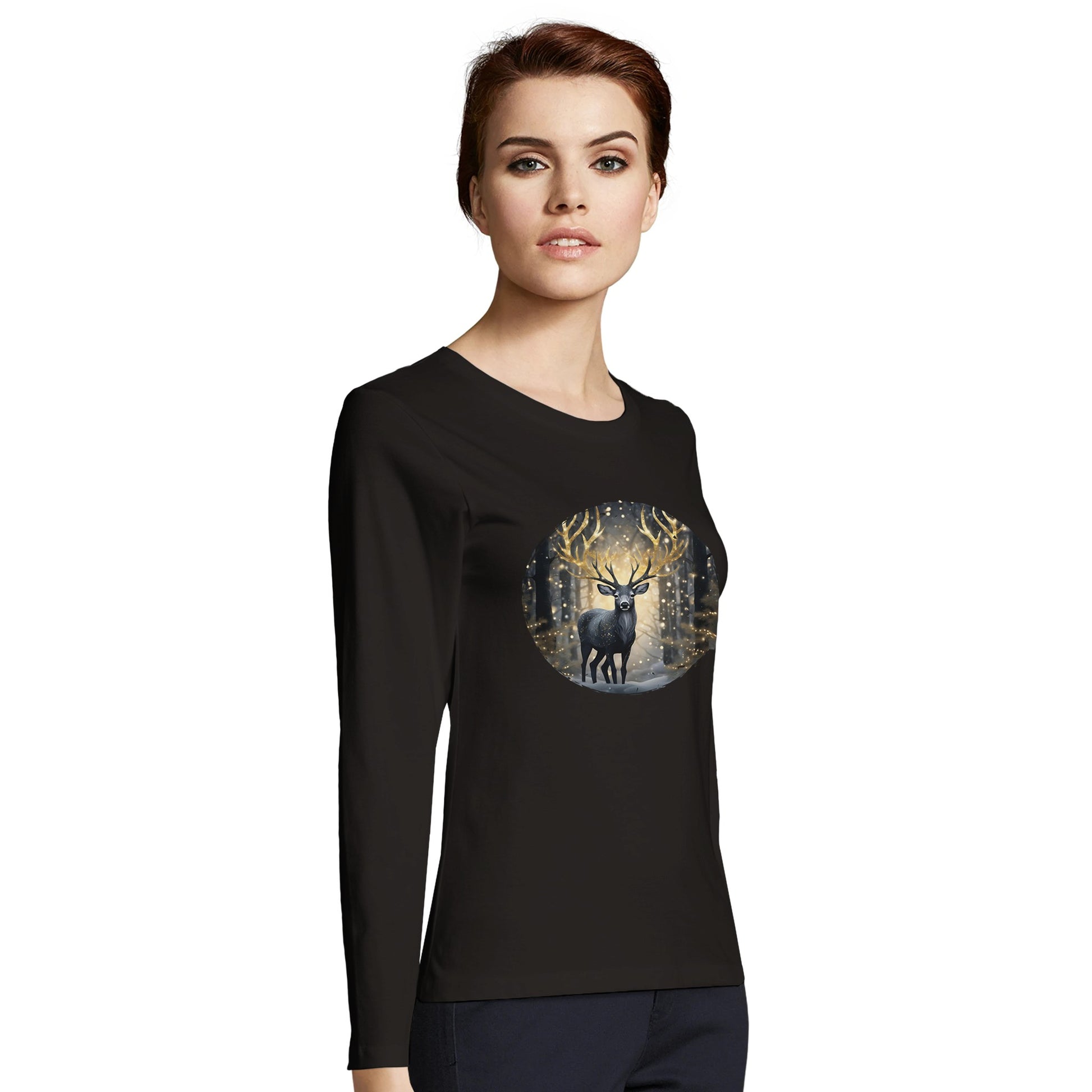 Tailliertes Damen Langarm-T-Shirt mit Hirsch im elegantem Druck - schwarz weiß gold -