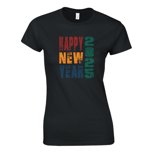 Tailliertes Damen Kurzarm T-Shirt mit kräftigem Print für den Jahreswechsel - Happy New Year 2025 - viele Farben und große Größen - Schwarz