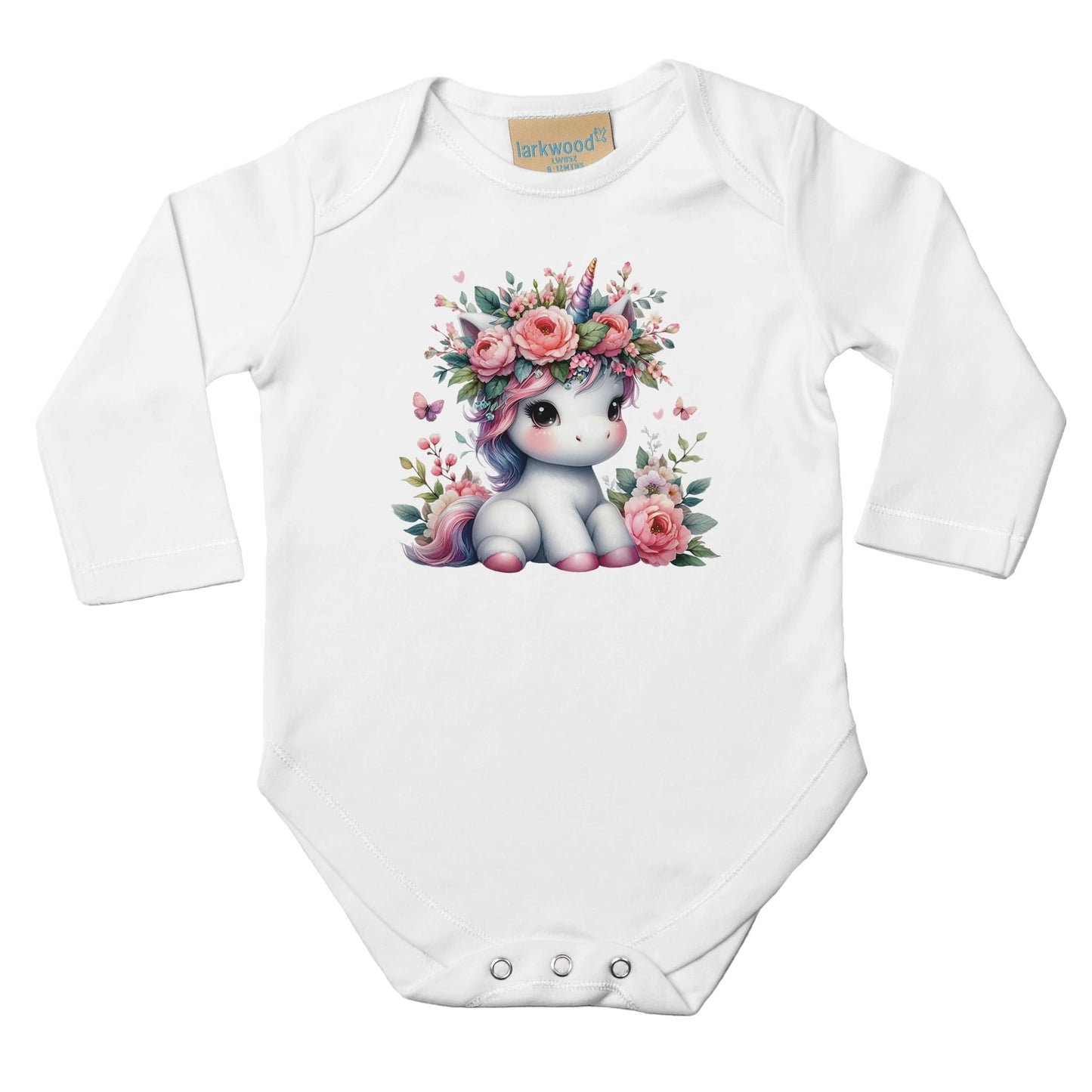 Unisex Baby Langarm Body mit Aufdruck - Einhorn Mädchen mit Blumen - 100% Baumwolle - Größe bis 18 Monate bzw. 86 - Strampler Body mit Aufdruck -