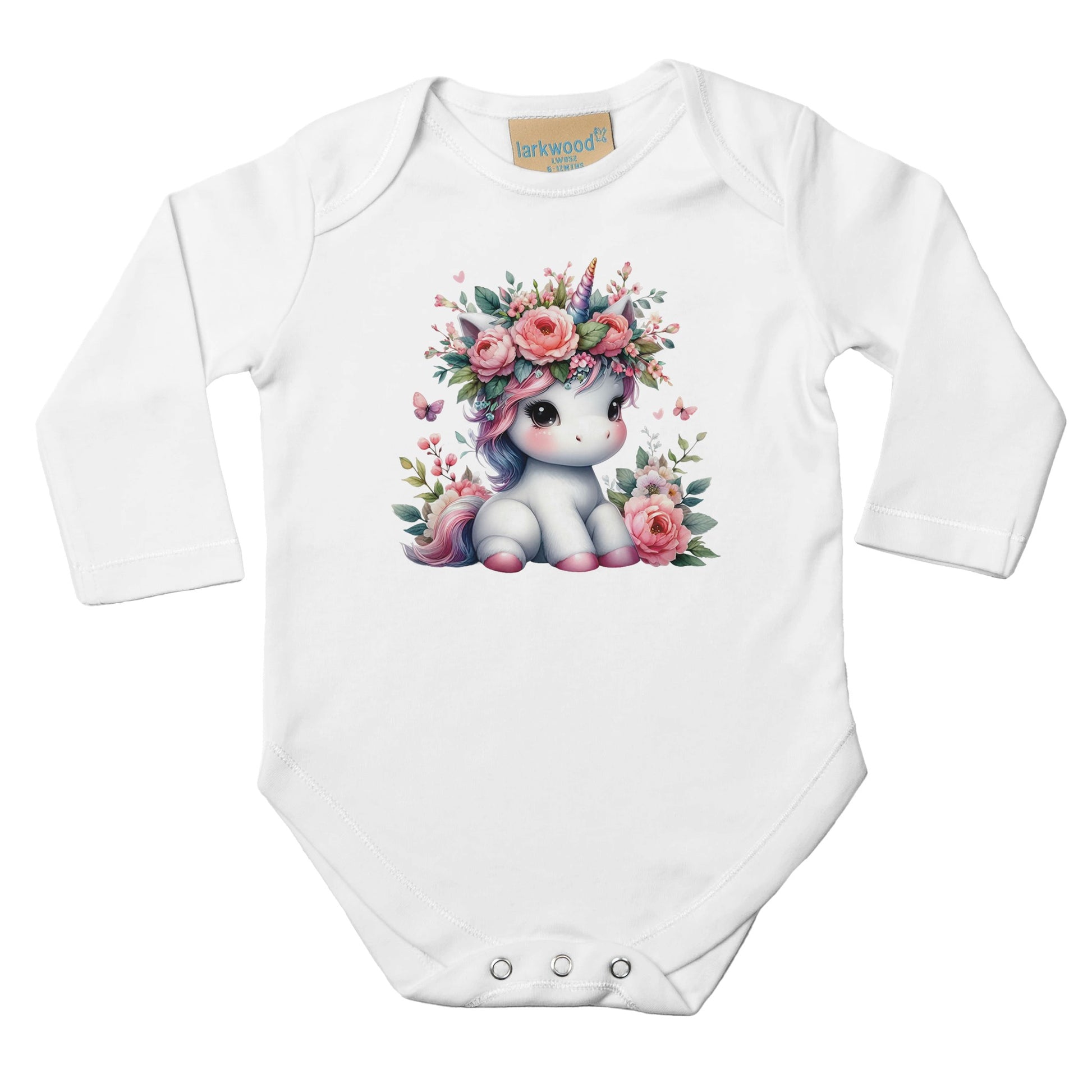 Unisex Baby Langarm Body mit Aufdruck - Einhorn Mädchen mit Blumen - 100% Baumwolle - Größe bis 18 Monate bzw. 86 - Strampler Body mit Aufdruck -