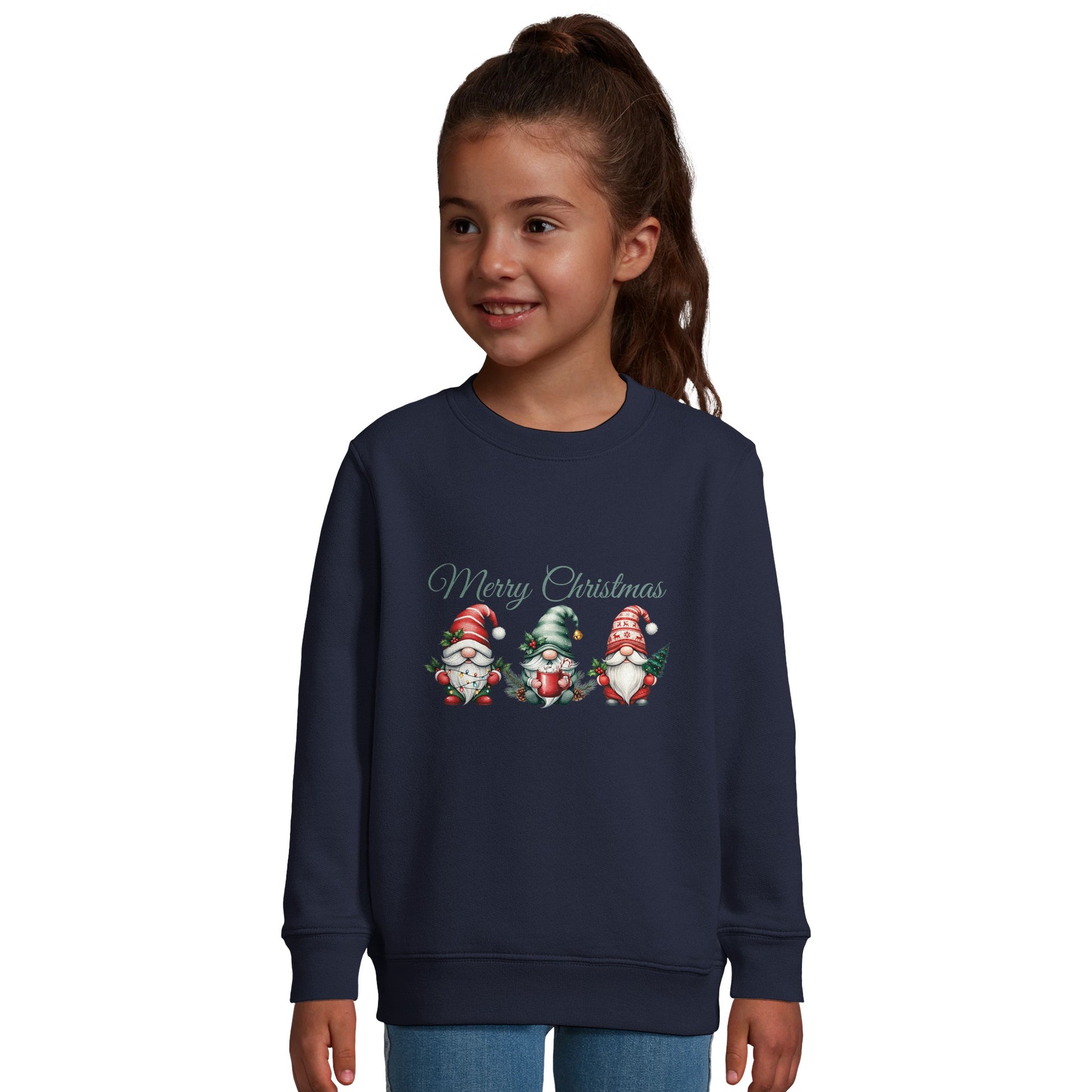 Unisex Kinder Sweatshirt mit drei Wichtel und Merry Christmas - hübscher Print für Weihnachten und Winter - 4 bis 14 Jahre – in vielen Farben und Größen - gebürstet -