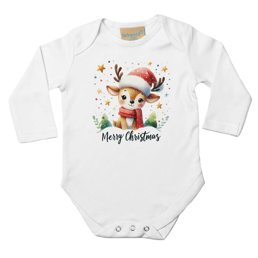 Unisex Baby Langarm Body für Weihnachten mit Aufdruck - Merry Christmas und Elch mit Mütze und Sterne - 100% Baumwolle - Größe bis 18 Monate bzw. 86 - Strampler Body mit Muster -