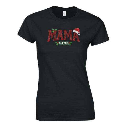 Tailliertes Damen Kurzarm T-Shirt mit Print - Mama Clause - Mutter-Tochter-Sohn-Shirt - Weihnachten und Winter – viele Farben und große Größen - Schwarz