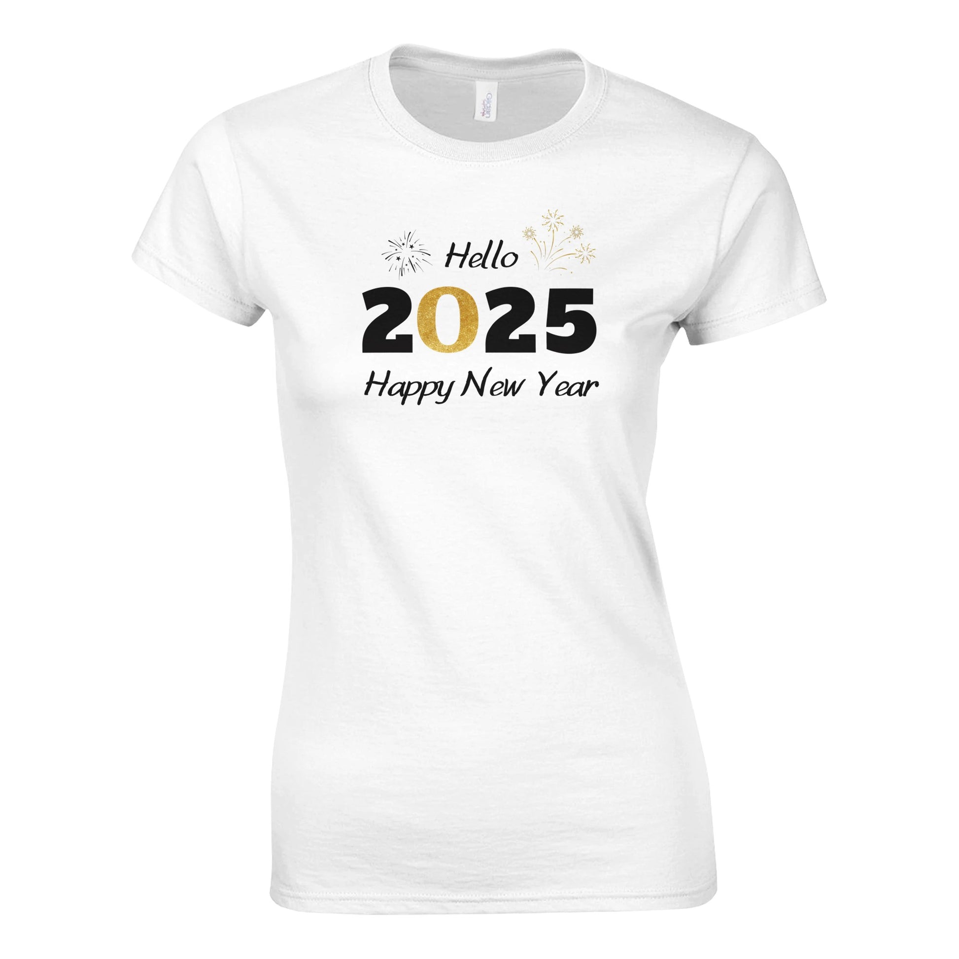 Tailliertes Damen Kurzarm T-Shirt mit Print für den Jahreswechsel – Hello 2025 - Happy New Year mit gold schwarz weiß - in großen Größen -