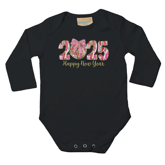 Mädchen Baby Langarm Body mit Aufdruck - 2025 Happy New Year mit Kugel und Masche - pink gold rosa - 100% Baumwolle - Größe bis 18 Monate bzw. 86 - Strampler Body mit Aufdruck - Schwarz