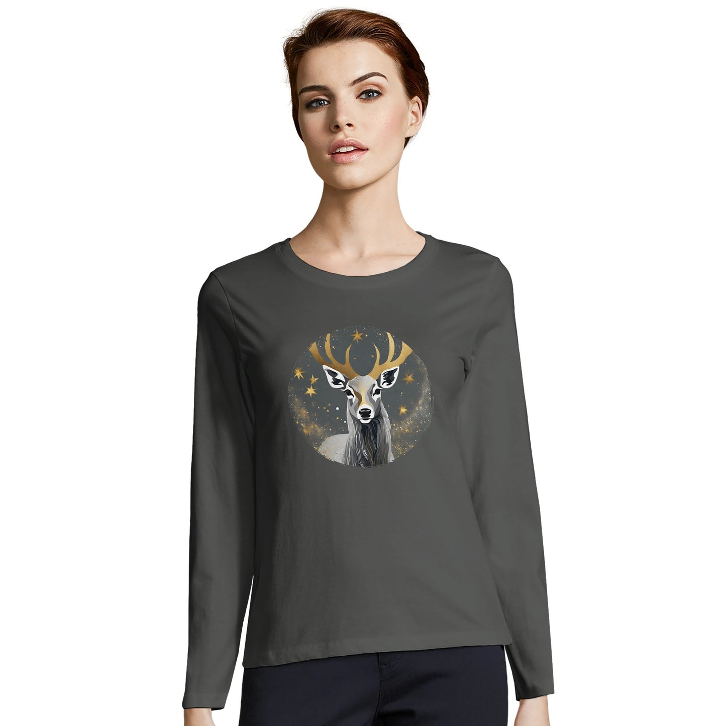 Tailliertes Damen Langarm-T-Shirt mit Hirsch als elegantem Aufdruck - grau weiß gold schwarz -