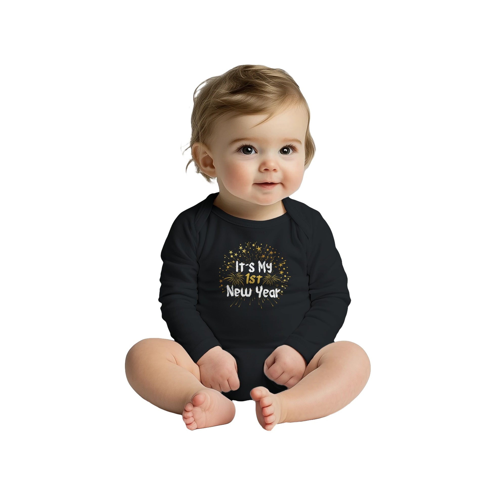 Unisex Baby Langarm Body mit Aufdruck - Its My first New Year - pink gold rosa - 100% Baumwolle - Größe bis 18 Monate bzw. 86 - Strampler Body mit Aufdruck -