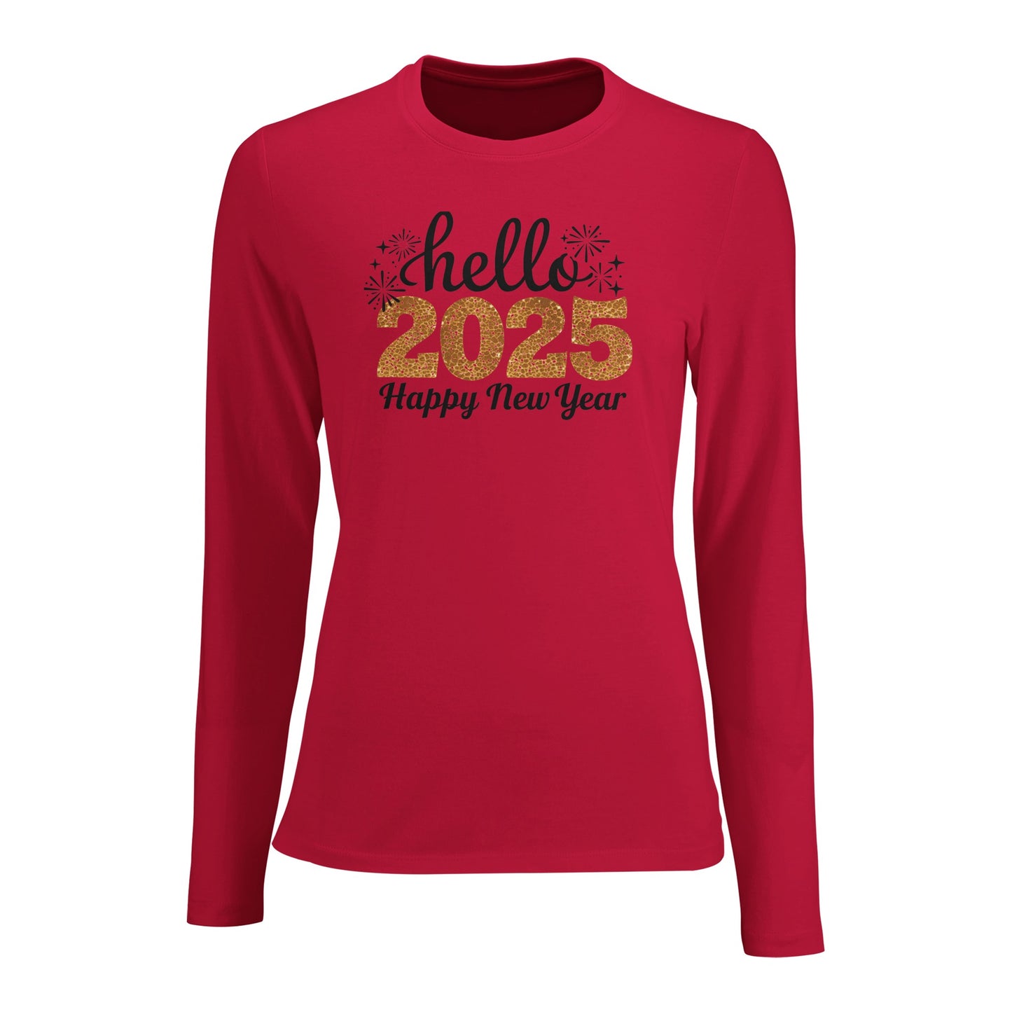 Tailliertes Damen Langarm T-Shirt mit Spruch für Jahreswechsel bzw. Silvester Print - hello 2025 Happy New Year in schwarz gold weiß - mehrere Farben und große Größen - Rot