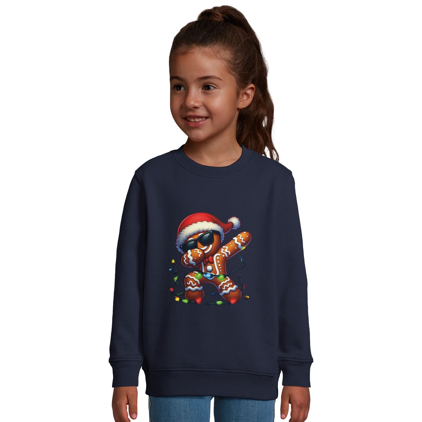 Unisex Kinder Sweatshirt mit tanzendem Keks mit Weihnachtsmütze - Aufdruck für Weihnachten und Winter - 4 bis 14 Jahre - viele verschiedene Farben -