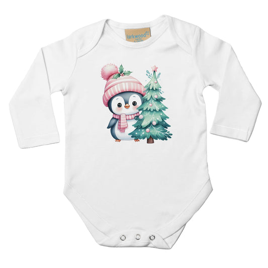 Baby Langarm Body für Weihnachten mit Mädchen pastell Aufdruck - Pinguin und Christbaum - 100% Baumwolle - Größe bis 18 Monate bzw. 86 - Strampler Body mit Muster -