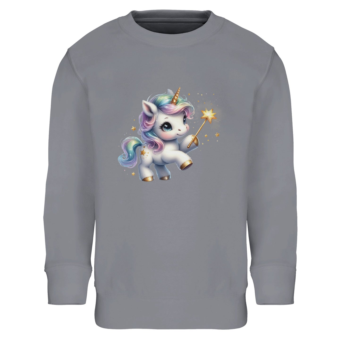 Kinder Sweatshirt mit Einhorn Mädchen mit Sternspritzer - Unicorn Aufdruck für Weihnachten und Winter - 4 bis 14 Jahre - viele verschiedene Farben - Grey Melange