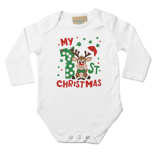 Unisex Baby Langarm Body für Weihnachten mit Aufdruck - My first Christmas - 100% Baumwolle - Größe bis 18 Monate bzw. 86 - Strampler Body mit Muster -