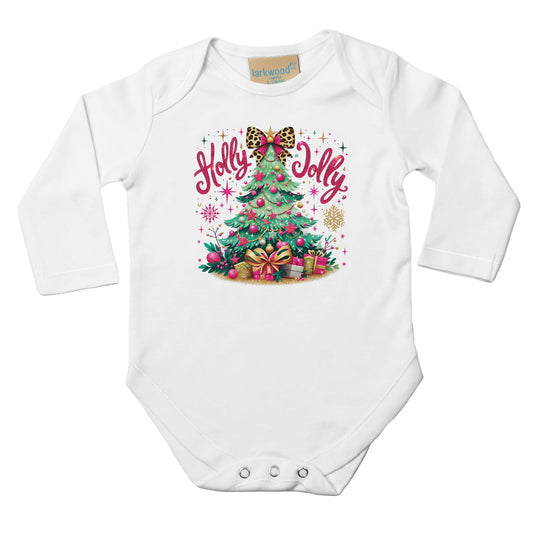 Baby Langarm Body für Weihnachten mit Mädchen Aufdruck - Christbaum mit Geschenke und Holly Jolly - 100% Baumwolle - Größe bis 18 Monate bzw. 86 - Winter Body mit Muster -