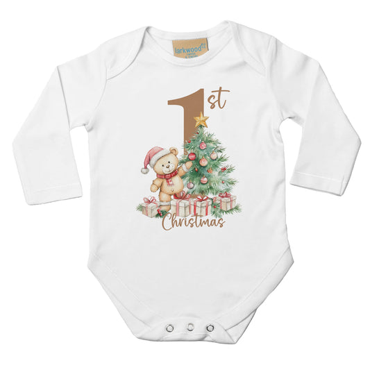 Baby Langarm Body für Weihnachten mit Aufdruck - My first Christmas mit Bär - 100% Baumwolle - Größe bis 18 Monate bzw. 86 - Strampler Body mit Muster -