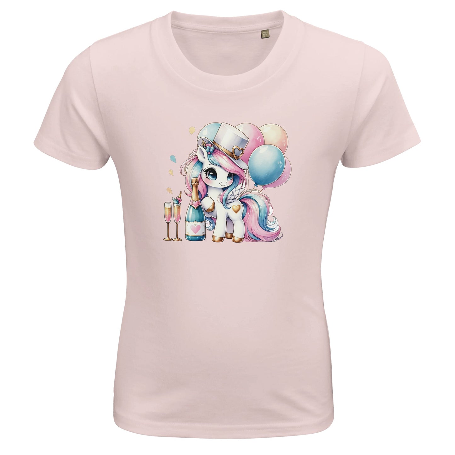 Kinder BIO Kurzarm Rundhals-T-Shirt mit Print für den Jahreswechsel bzw. Silvester - pastell Einhorn feiert - körperbetonter Schnitt - Größe 86 bis 152 und mehrere Farben - Pale Pink