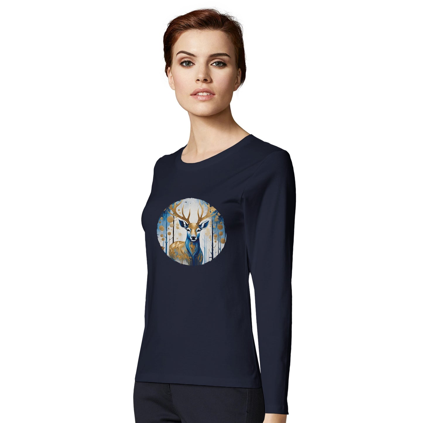 Tailliertes Damen Langarm-T-Shirt mit Hirsch als elegantem Aufdruck - blau weiß gold -