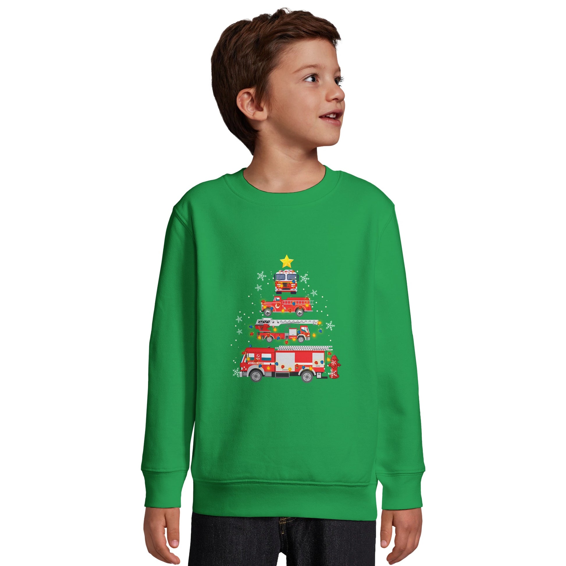 Kinder Sweatshirt mit Feuerwehr Fahrzeuge und Sterne - Jungen Aufdruck für Weihnachten und Winter - 4 bis 14 Jahre - viele verschiedene Farben -