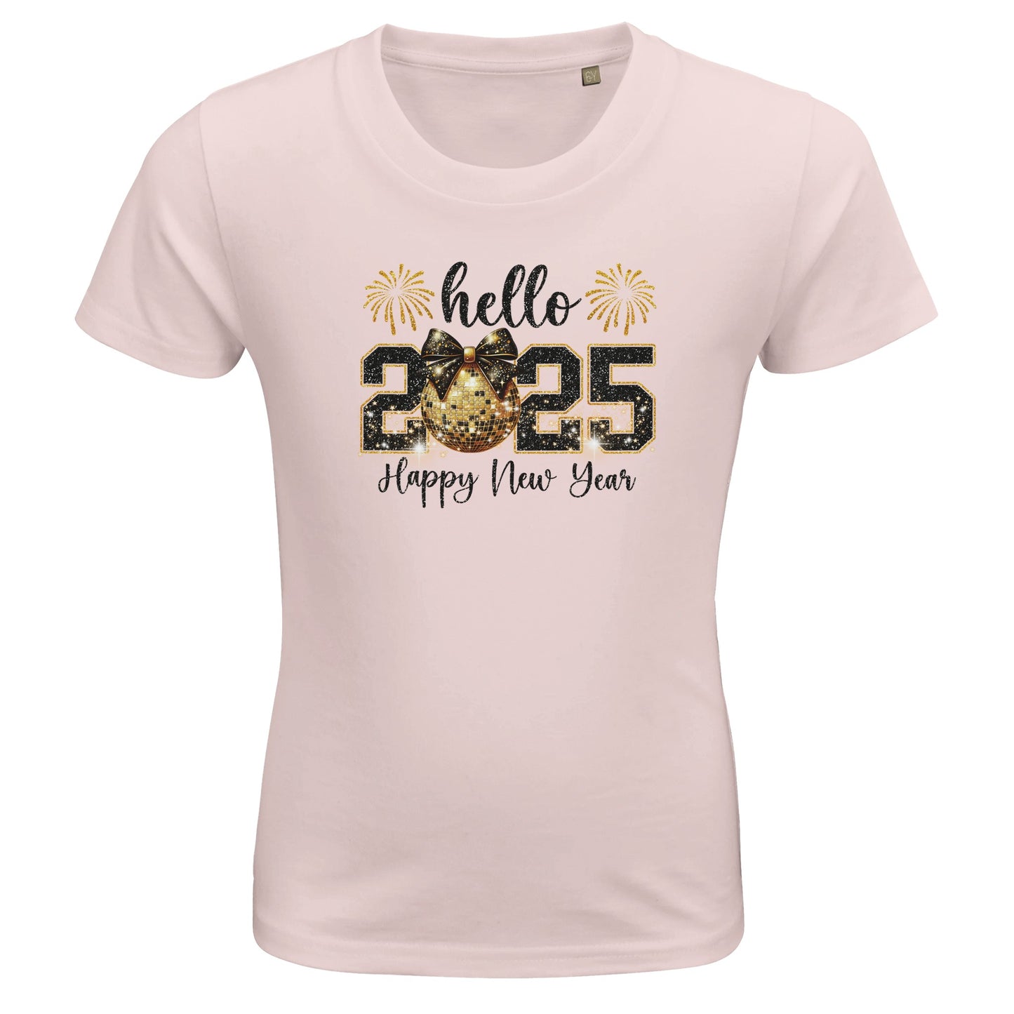 Kinder BIO Kurzarm Rundhals-T-Shirt mit Print für den Jahreswechsel bzw. Silvester - Hello 20025 Happy New Year mit Masche und Kugel - körperbetonter Schnitt - Größe 86 bis 152 und mehrere Farben - Pale Pink