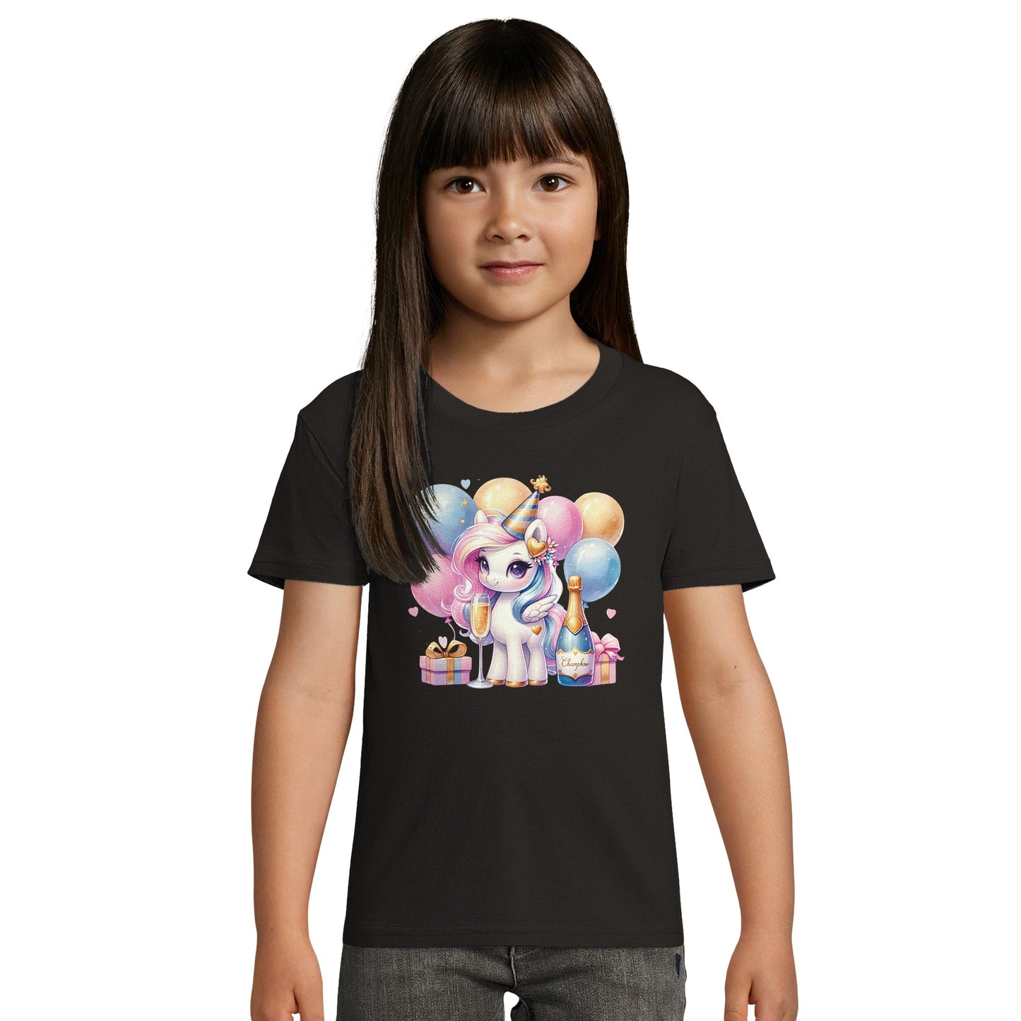 Kinder BIO Kurzarm Rundhals-T-Shirt mit Print für den Jahreswechsel bzw. Silvester - pastell Einhorn - körperbetonter Schnitt - Größe 86 bis 152 und mehrere Farben -