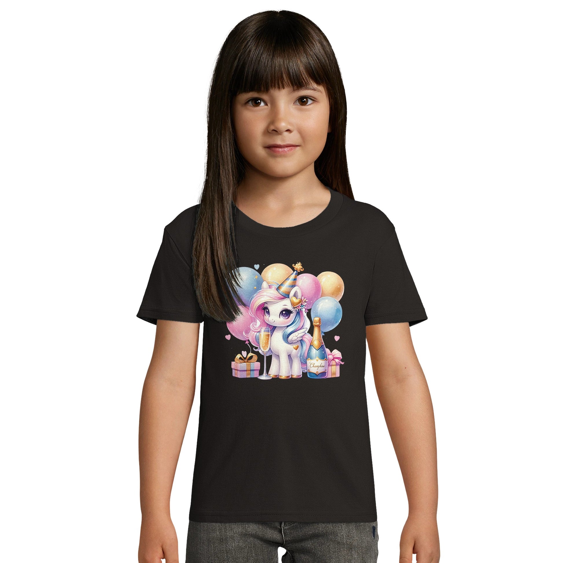 Kinder BIO Kurzarm Rundhals-T-Shirt mit Print für den Jahreswechsel bzw. Silvester - pastell Einhorn - körperbetonter Schnitt - Größe 86 bis 152 und mehrere Farben -