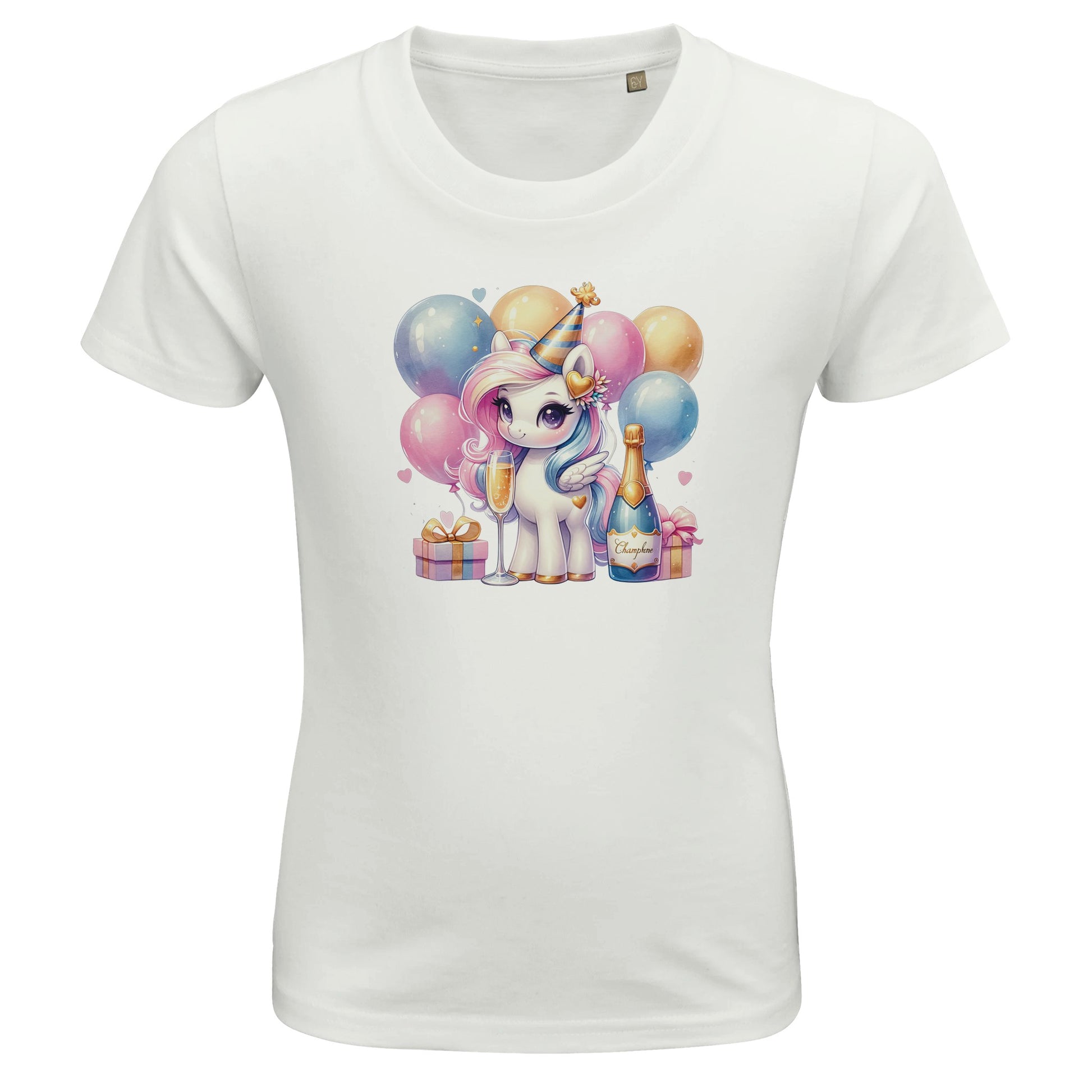 Kinder BIO Kurzarm Rundhals-T-Shirt mit Print für den Jahreswechsel bzw. Silvester - pastell Einhorn - körperbetonter Schnitt - Größe 86 bis 152 und mehrere Farben - White