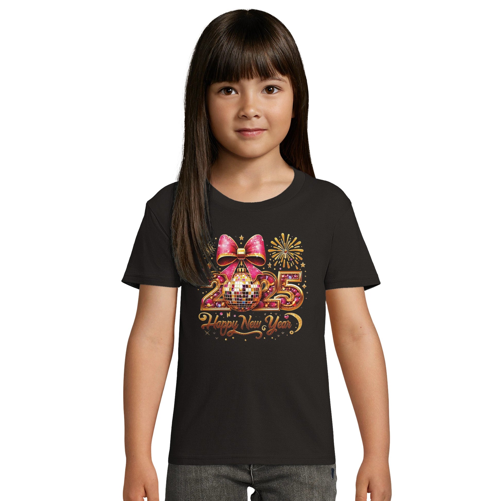 Kinder BIO Kurzarm Rundhals-T-Shirt mit Print für den Jahreswechsel bzw. Silvester - 2025 Happy New Year mit Rakete - schwarz gold pink - körperbetonter Schnitt - Größe 86 bis 152 und mehrere Farben -