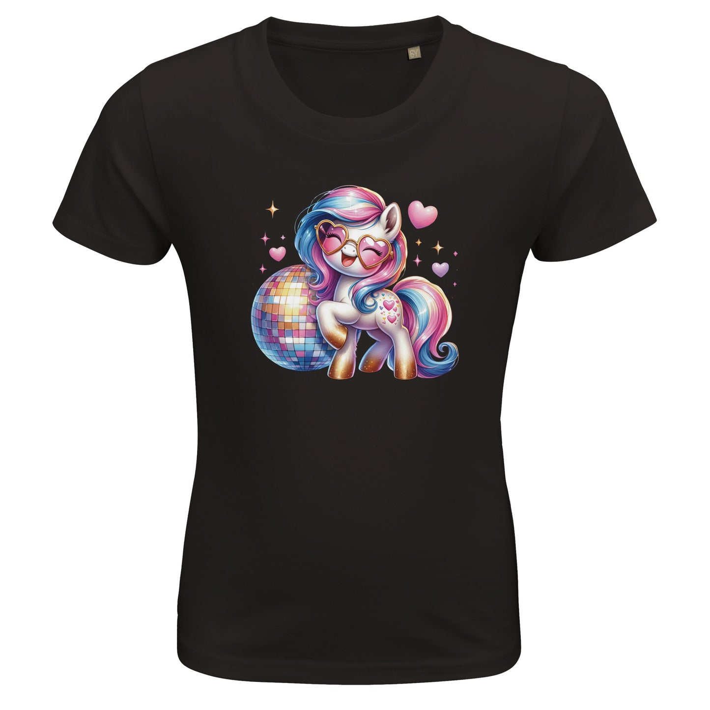 Kinder BIO Kurzarm Rundhals-T-Shirt mit Einhorn Print - pastell Unicorn in Love - körperbetonter Schnitt - Größe 86 bis 152 und mehrere Farben - Deep Black