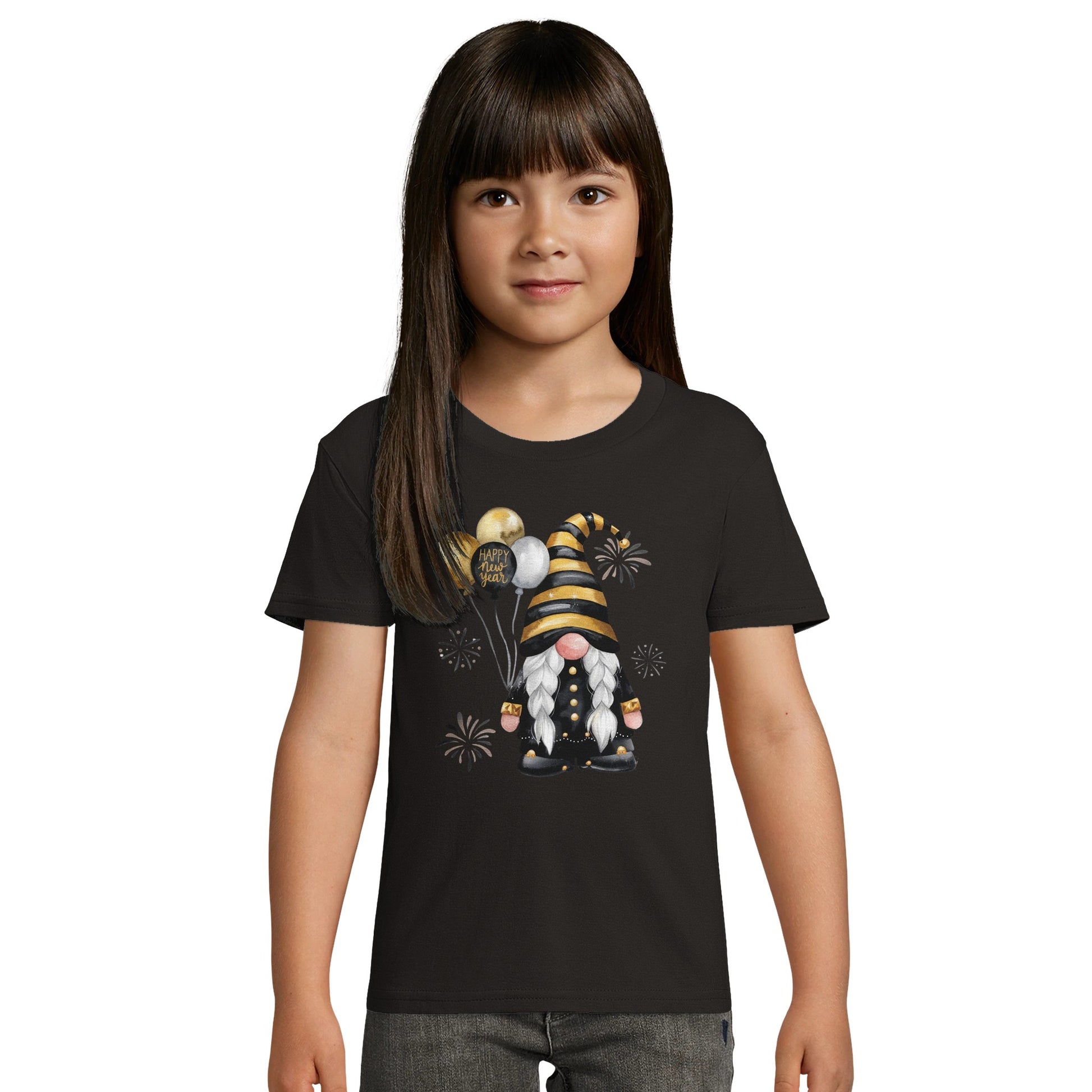 Kinder BIO Kurzarm Rundhals-T-Shirt mit Print für den Jahreswechsel bzw. Silvester - Gnom mit Luftballons - gold schwarz - körperbetonter Schnitt - Größe 86 bis 152 und mehrere Farben -