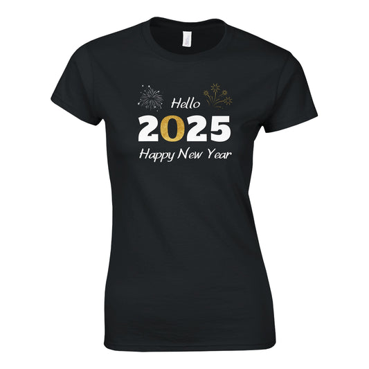 Tailliertes Damen Kurzarm T-Shirt mit Print für den Jahreswechsel – Hello 2025 - Happy New Year mit gold schwarz weiß - in großen Größen -