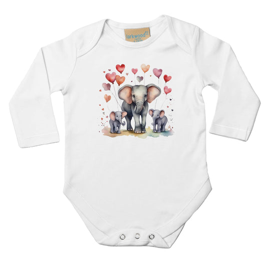 Unisex Baby Langarm Body mit Aufdruck - Elefanten Mama und Babys mit Herz Luftballons - 100% Baumwolle - Größe bis 18 Monate bzw. 86 - Strampler Body mit Aufdruck -