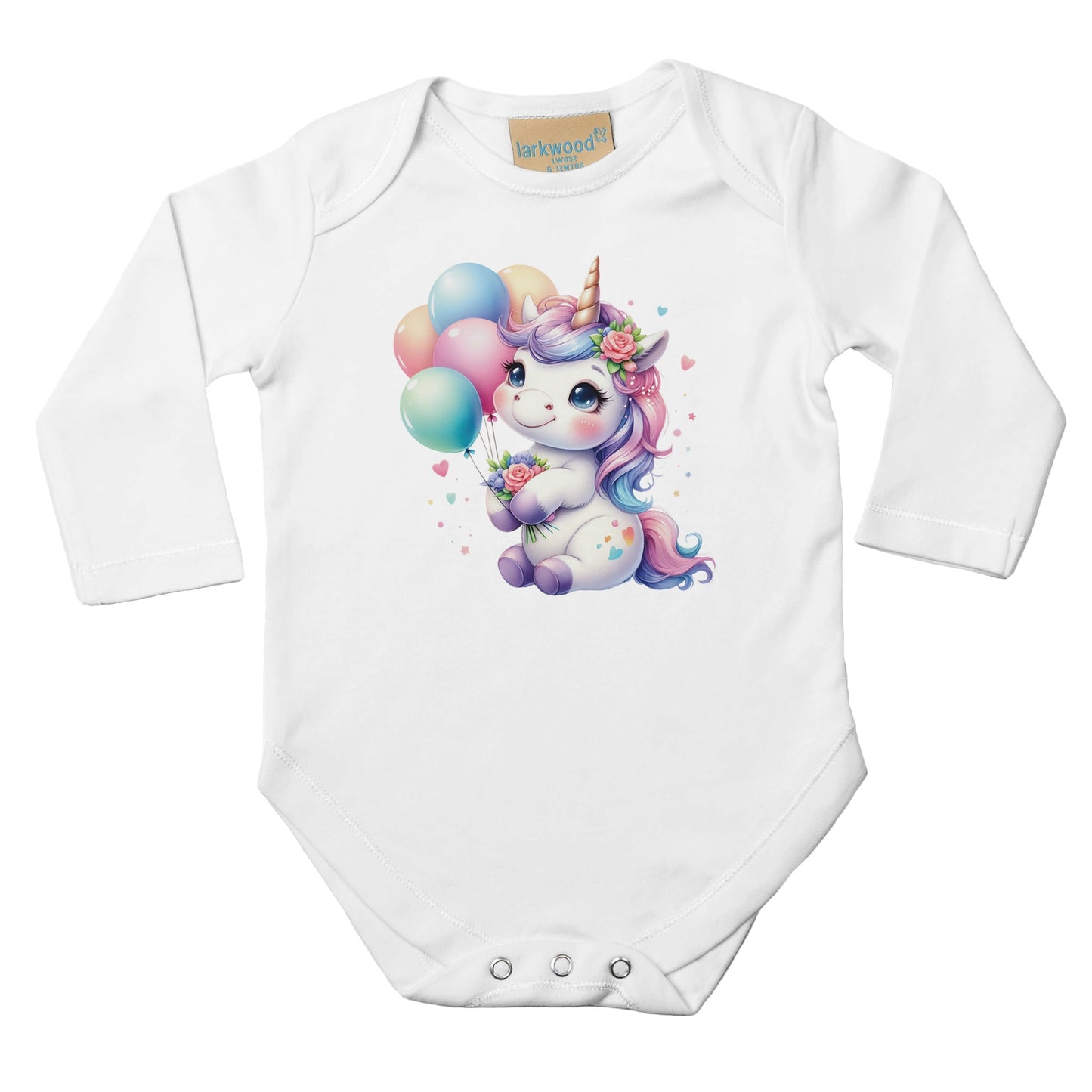 Unisex Baby Langarm Body mit Aufdruck - Mädchen Einhorn mit Luftballons und Herzen - 100% Baumwolle - Größe bis 18 Monate bzw. 86 - Strampler Body mit Aufdruck -