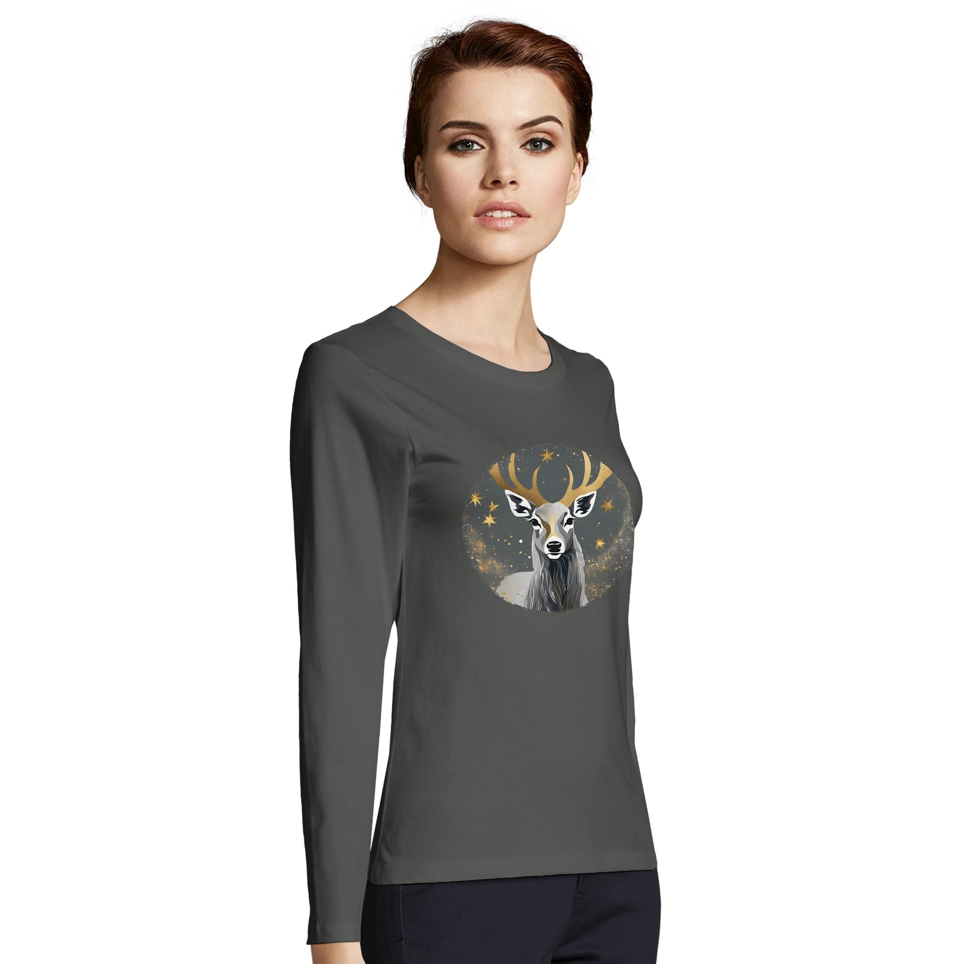 Tailliertes Damen Langarm-T-Shirt mit Hirsch als elegantem Aufdruck - grau weiß gold schwarz -