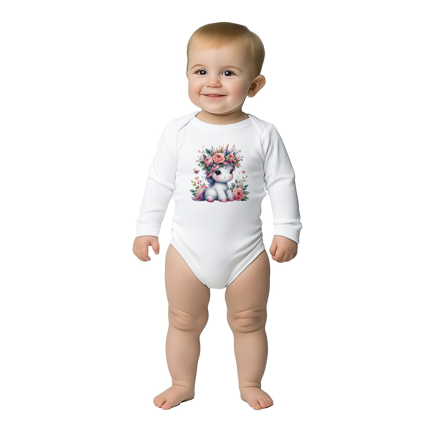 Unisex Baby Langarm Body mit Aufdruck - Einhorn Mädchen mit Blumen - 100% Baumwolle - Größe bis 18 Monate bzw. 86 - Strampler Body mit Aufdruck -